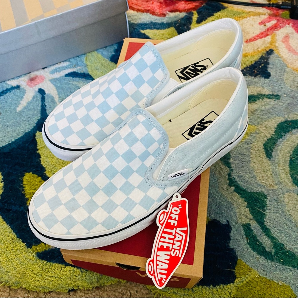 Vans Blue and White Checkered Slip-On Shoes